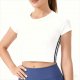 Women's White Short-Sleeve Crop Top with Side Stripes – Workout Running Athletic Shirt No Padding